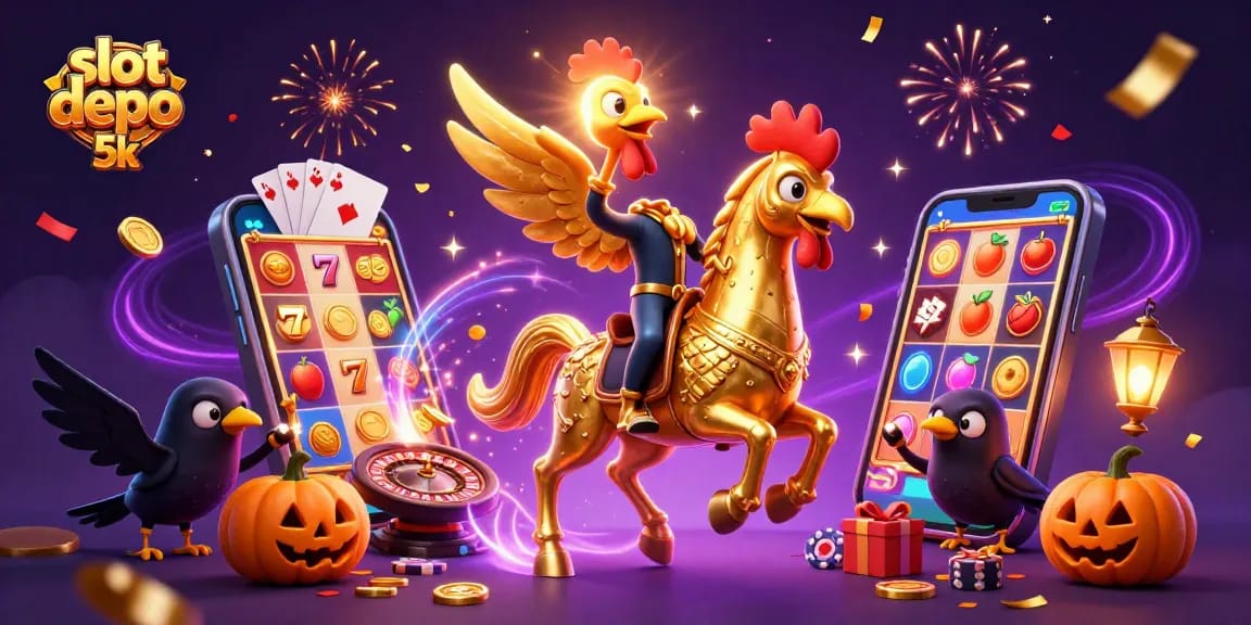 Spin winnings with slot depo 5k as a golden rooster rides through a magical casino scene.
