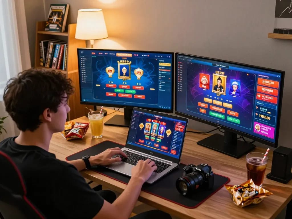 KJC player engaging with dynamic online gaming experience on multiple screens for casino excitement.