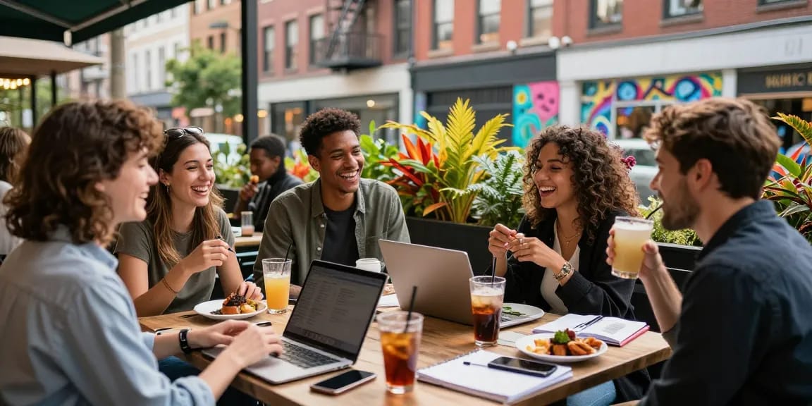Friends enjoying rokok88 vibes at a trendy café, highlighting urban lifestyle and community