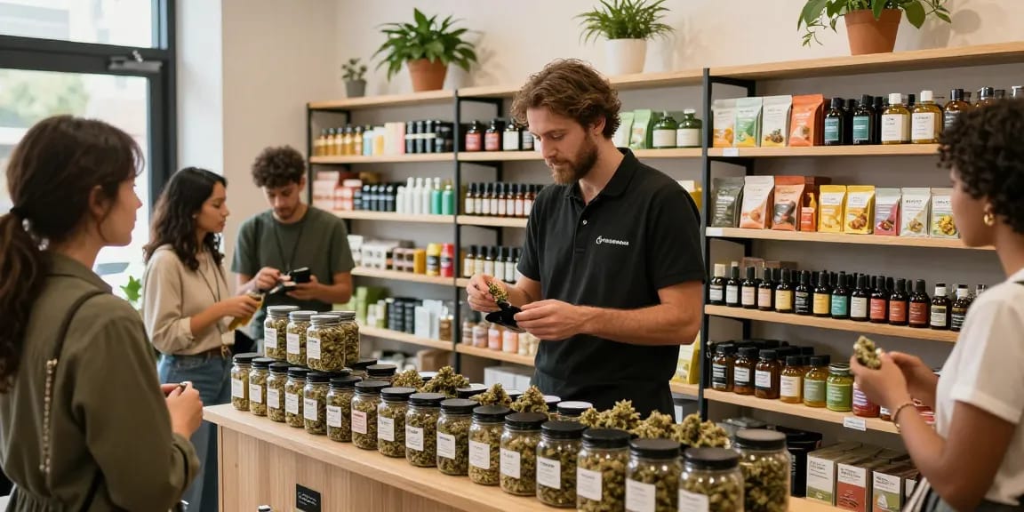 Buy weed UK experience in a vibrant cannabis shop with diverse customers selecting premium products.