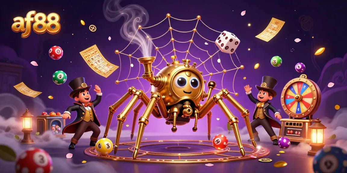 Engage with af88 at a dynamic casino scene featuring a steampunk spider, lottery balls, and vibrant gaming elements.