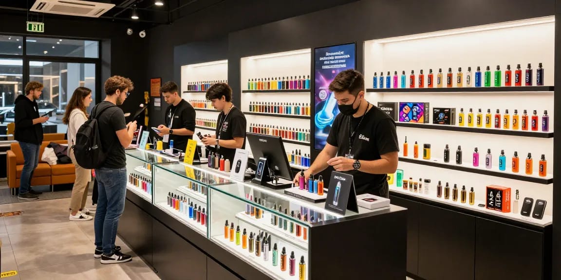 Vape UK shop with diverse customers exploring vape kits and e-liquids in a modern, welcoming setting.