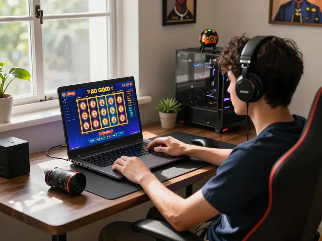 Player engaging with exciting link gacor slot game on laptop in cozy online gaming setup