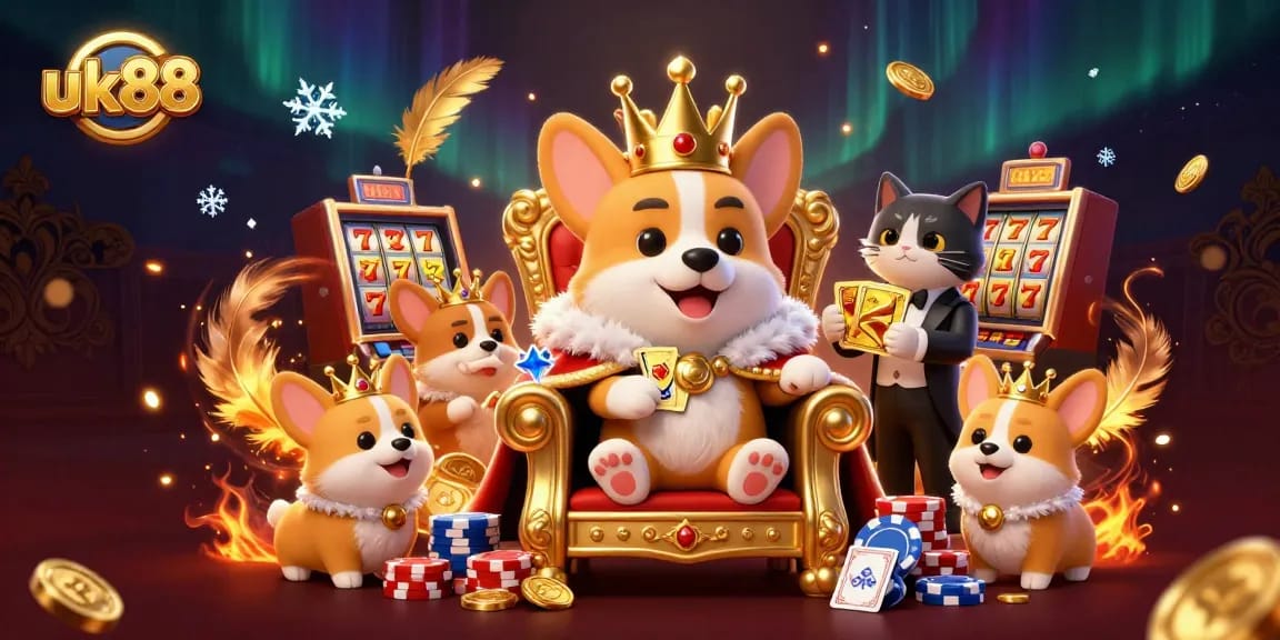 Experience thrilling action with uk88, featuring a royal corgi and vibrant casino elements in an engaging scene.