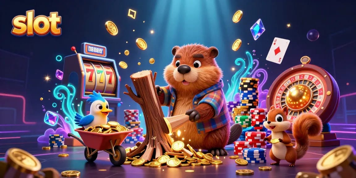 Spin the slot reels while enjoying a vibrant scene of cartoon characters collecting gold coins and gems.
