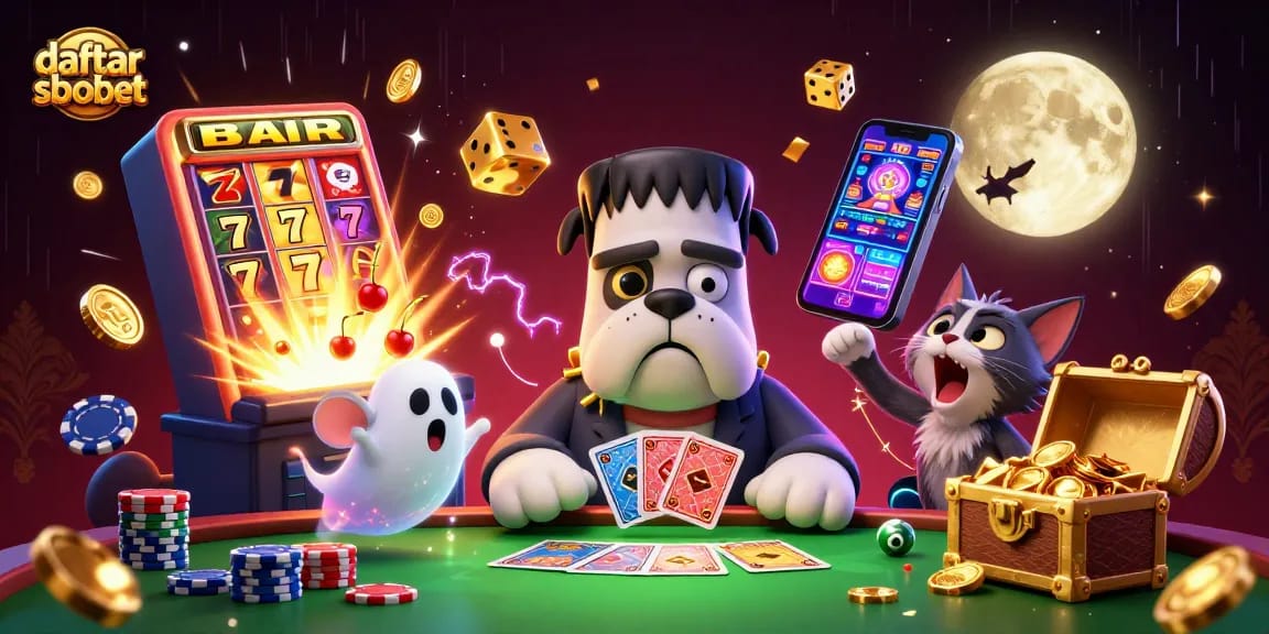 Engage with daftar sbobet at a vibrant casino scene featuring colorful characters and games.