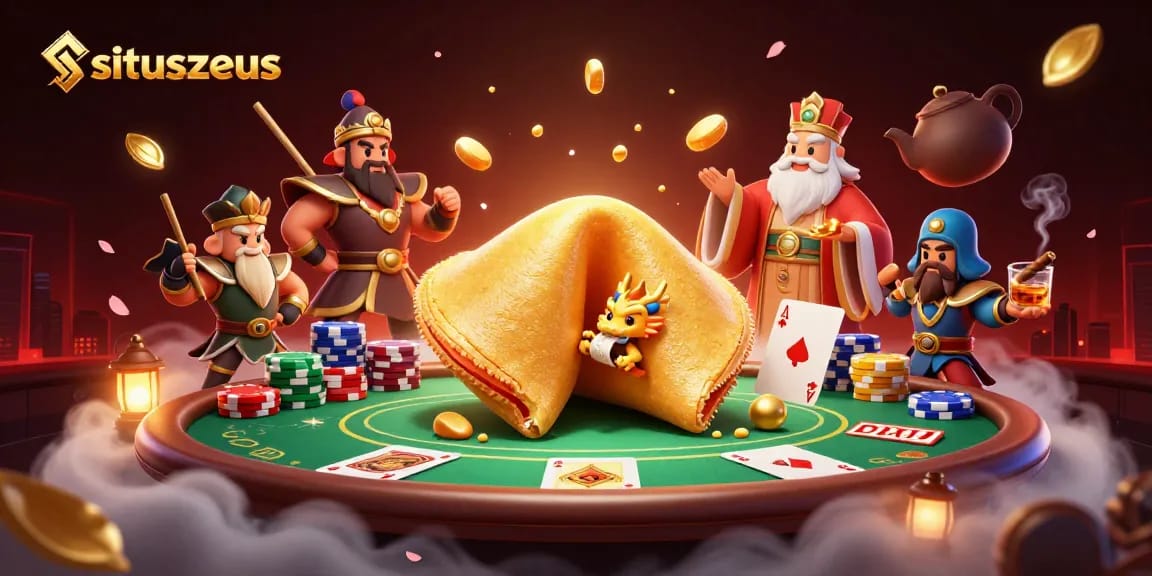 situszeus showcases an action-packed illustration featuring a golden fortune cookie with a dragon, poker elements, and vibrant colors