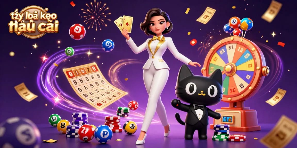 Engage with tỷ lệ kèo nhà cái through a glamorous scene filled with cards, lottery balls, and celebration.