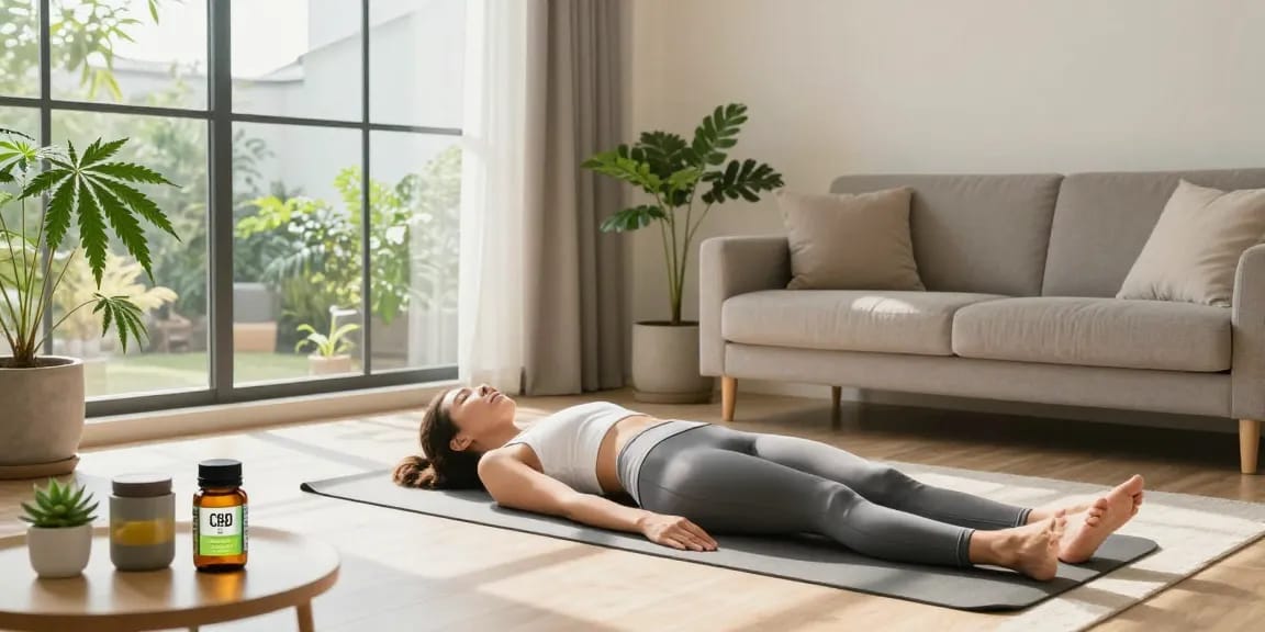 Ministry of Cannabis CBD oil and wellness scene in relaxing yoga setting with plants and natural light.
