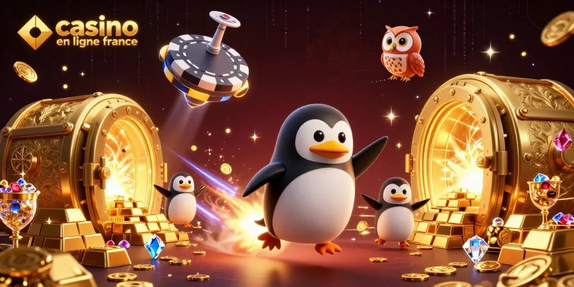 Jouez au casino en ligne France avec le pingouin doré et les trésors scintillants.