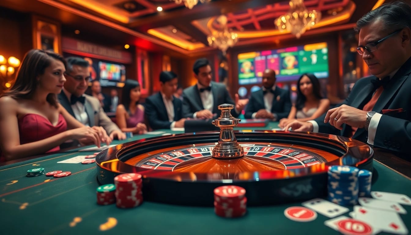 Engaged players placing bets at a roulette table in a luxury casino environment, including 7m cn themes.
