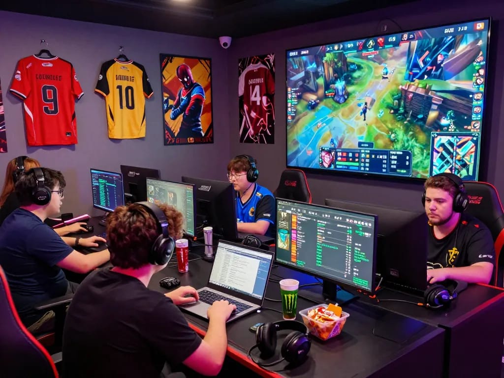 Dota 2 betting scene with fans intensely watching matches on multiple screens.