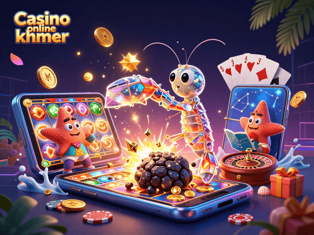 Engage with Casino online khmer through a vibrant 3D illustration featuring dynamic gambling elements and characters.