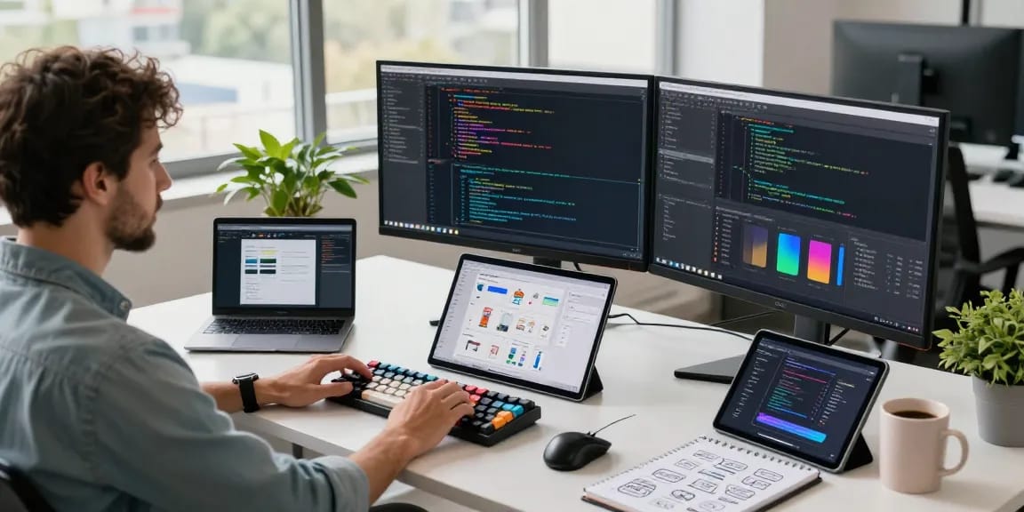 Developer coding at a workspace with vibrant screens, representing telegram官网 tech innovation.