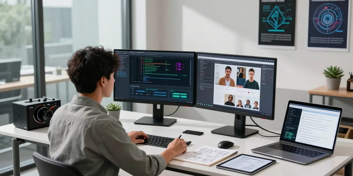 Detect AI image using advanced moderation tools in a tech workspace setting.