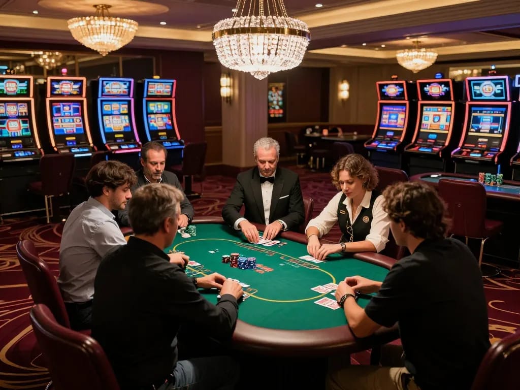 Active keo nha cai scene in a luxury casino with players engaged in intense gameplay, dealer shuffling cards.