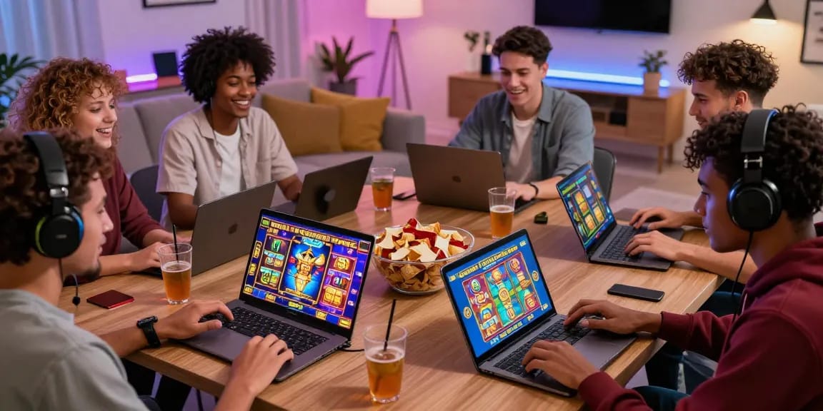 Players enjoying slot88 games in a vibrant living room filled with excitement and snacks.
