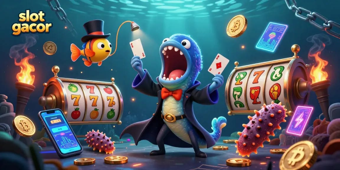 Experience the thrill of slot gacor with dynamic underwater characters performing magic tricks.