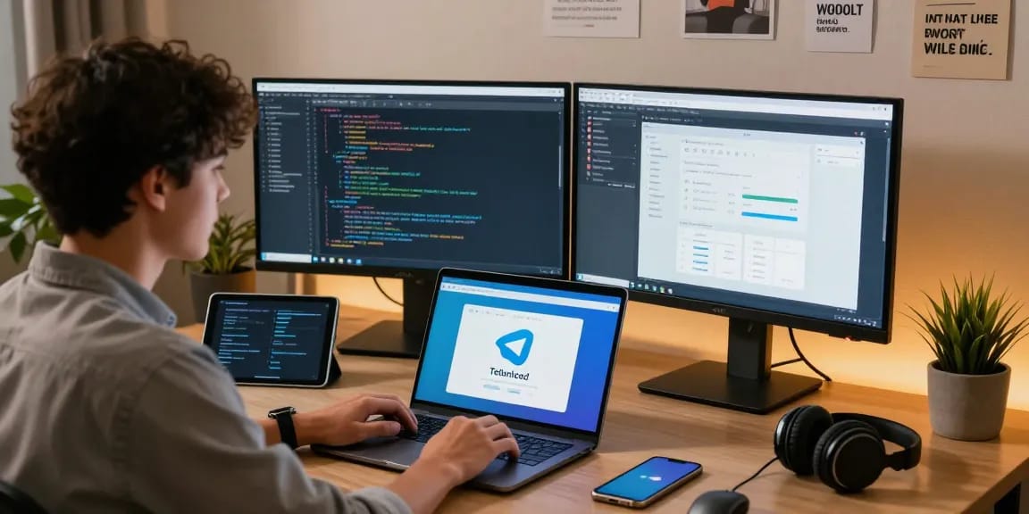 Experience seamless connection with Telegram Download on a modern workspace setup featuring tech gadgets and coding displays.