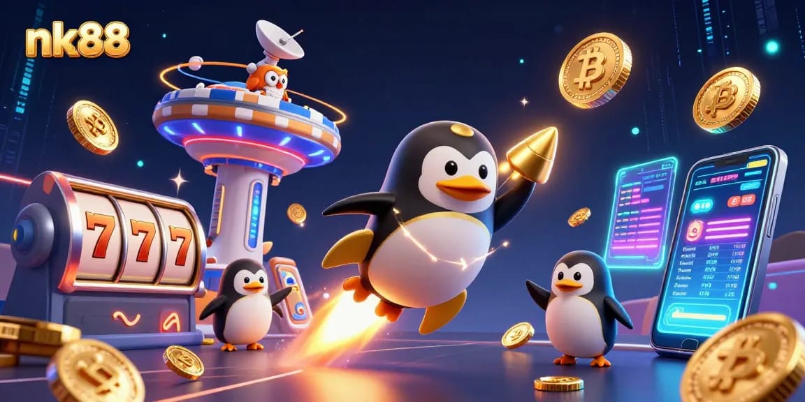 Experience the excitement of nk88 with a vibrant casino-themed illustration showcasing a penguin and futuristic elements.