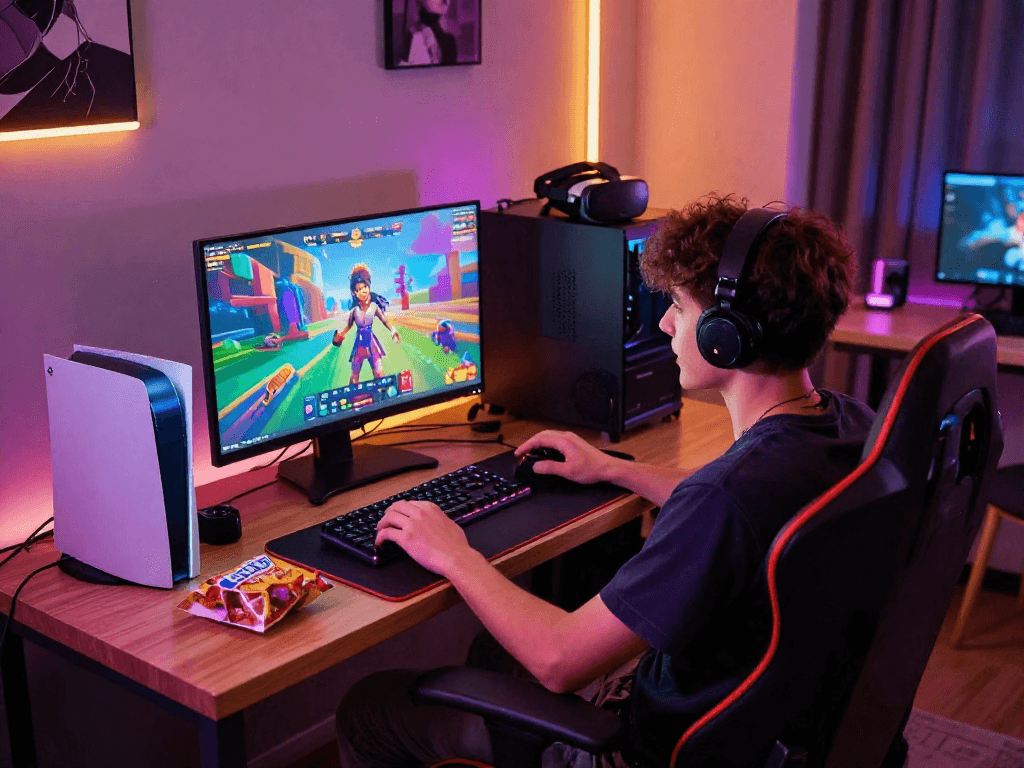 Engaged player enjoying a colorful porngame on a computer screen in a cozy gaming setup.