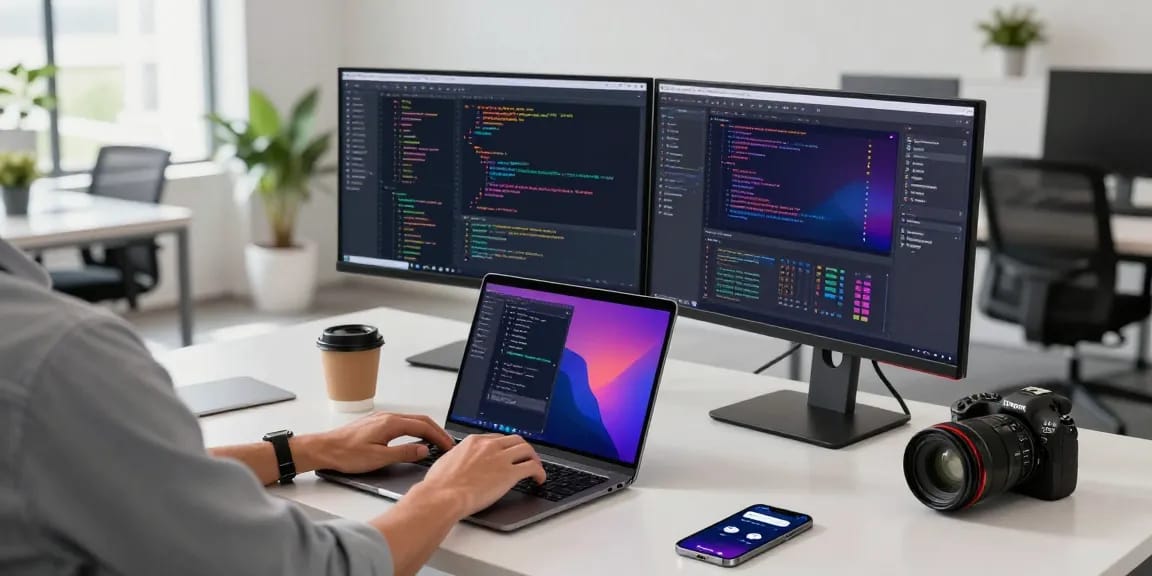 Person using a screenshot tool at a modern desk with dual monitors, showcasing tech workspace.