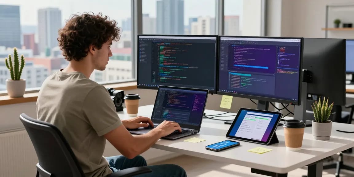 Dynamic workspace with software engineer coding, reflecting the telegram官网 technology hub.