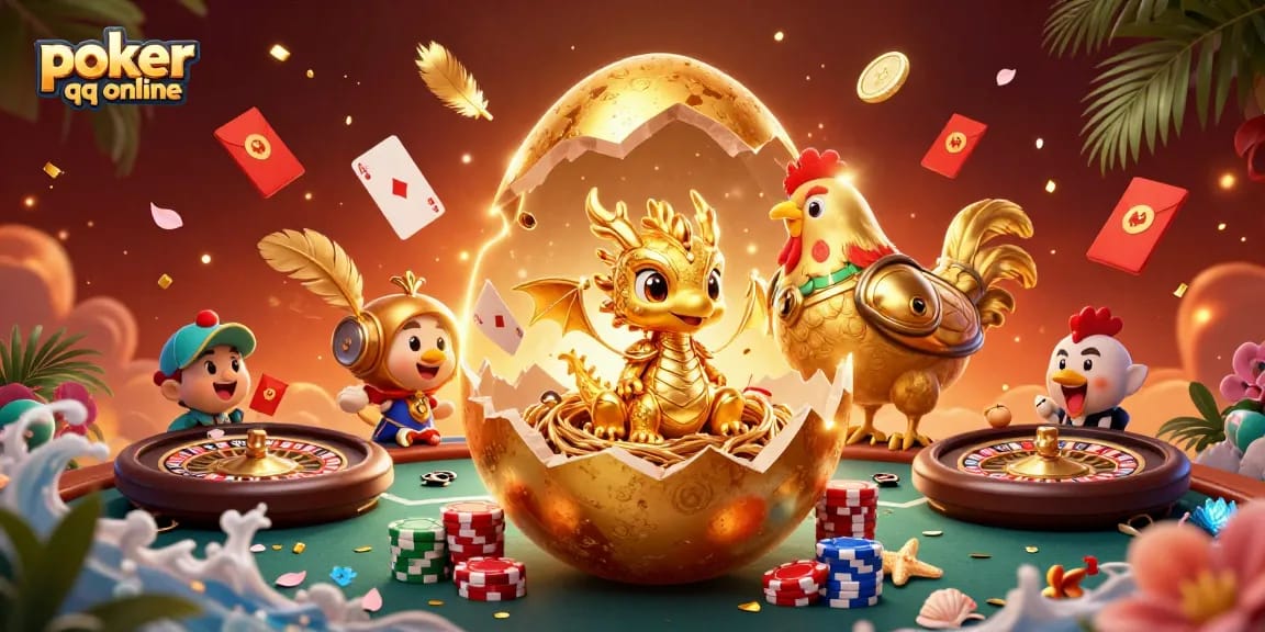 Experience poker qq online with a dazzling scene featuring golden dragons and poker elements.