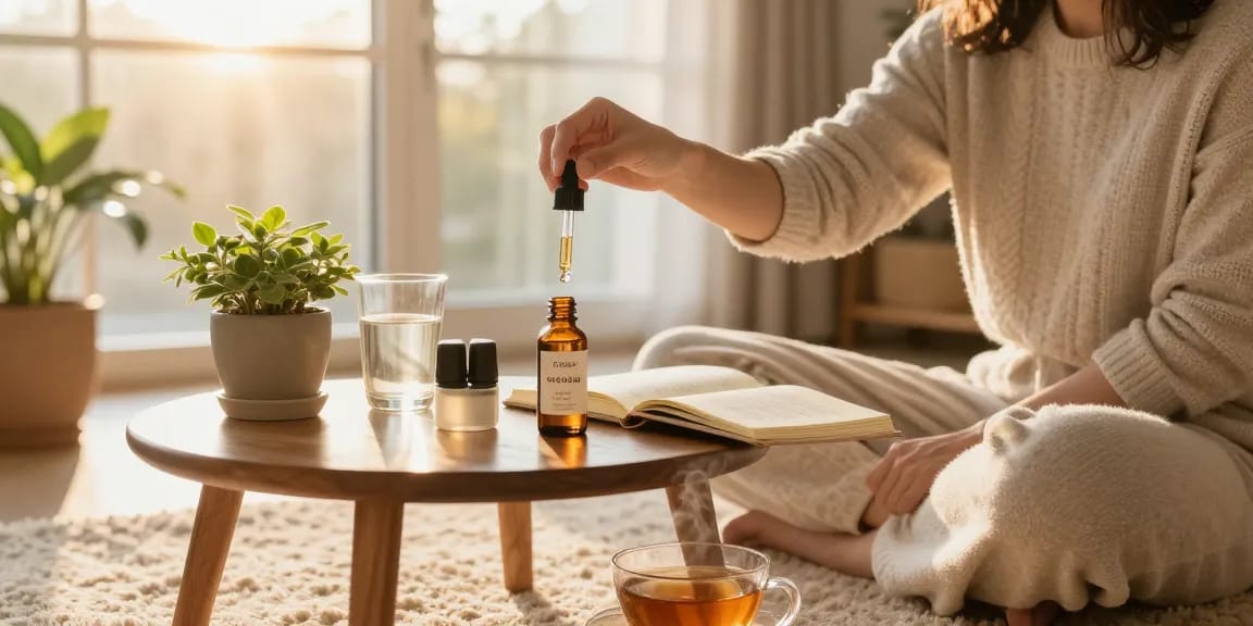 Experience serenity and wellness with Premium Full-Spectrum CBD Oil from https://cbdnorth.co/product/full-spectrum-cbd-oil, captured in a cozy home scene.