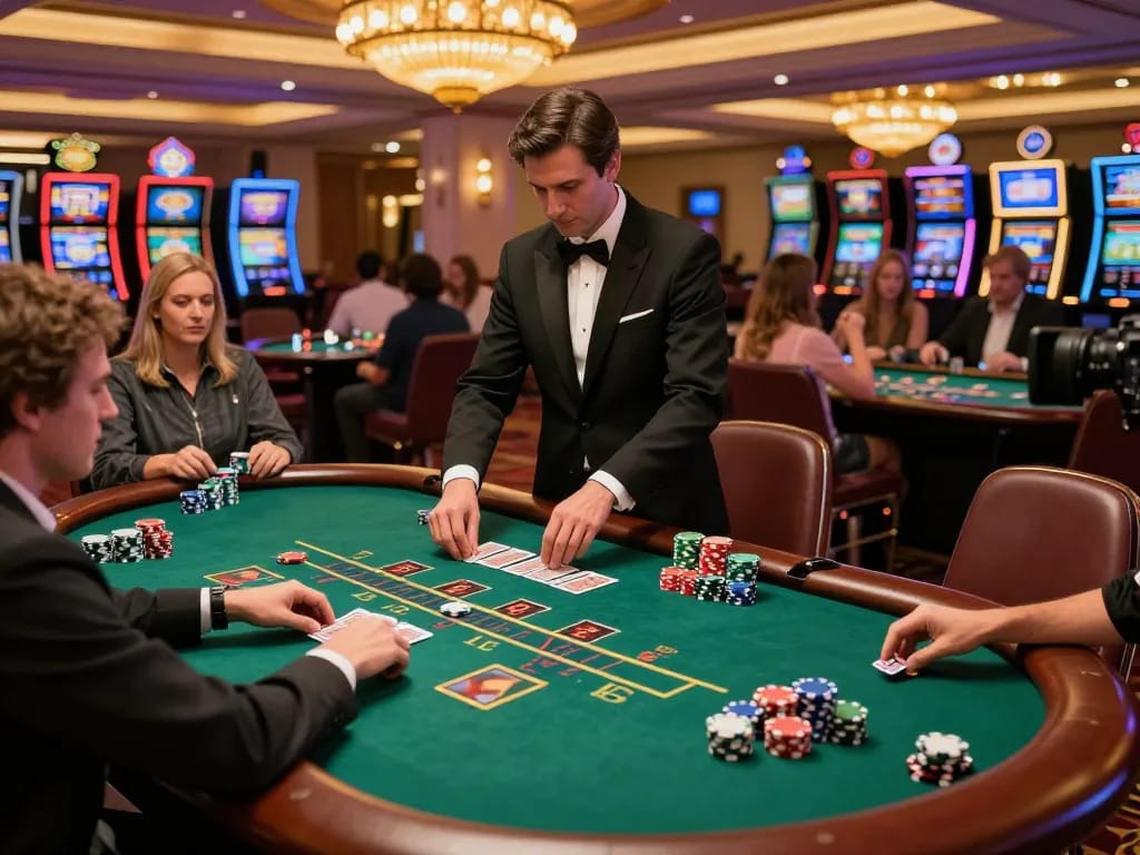Players placing bets at a sunwin blackjack table in a lively casino environment