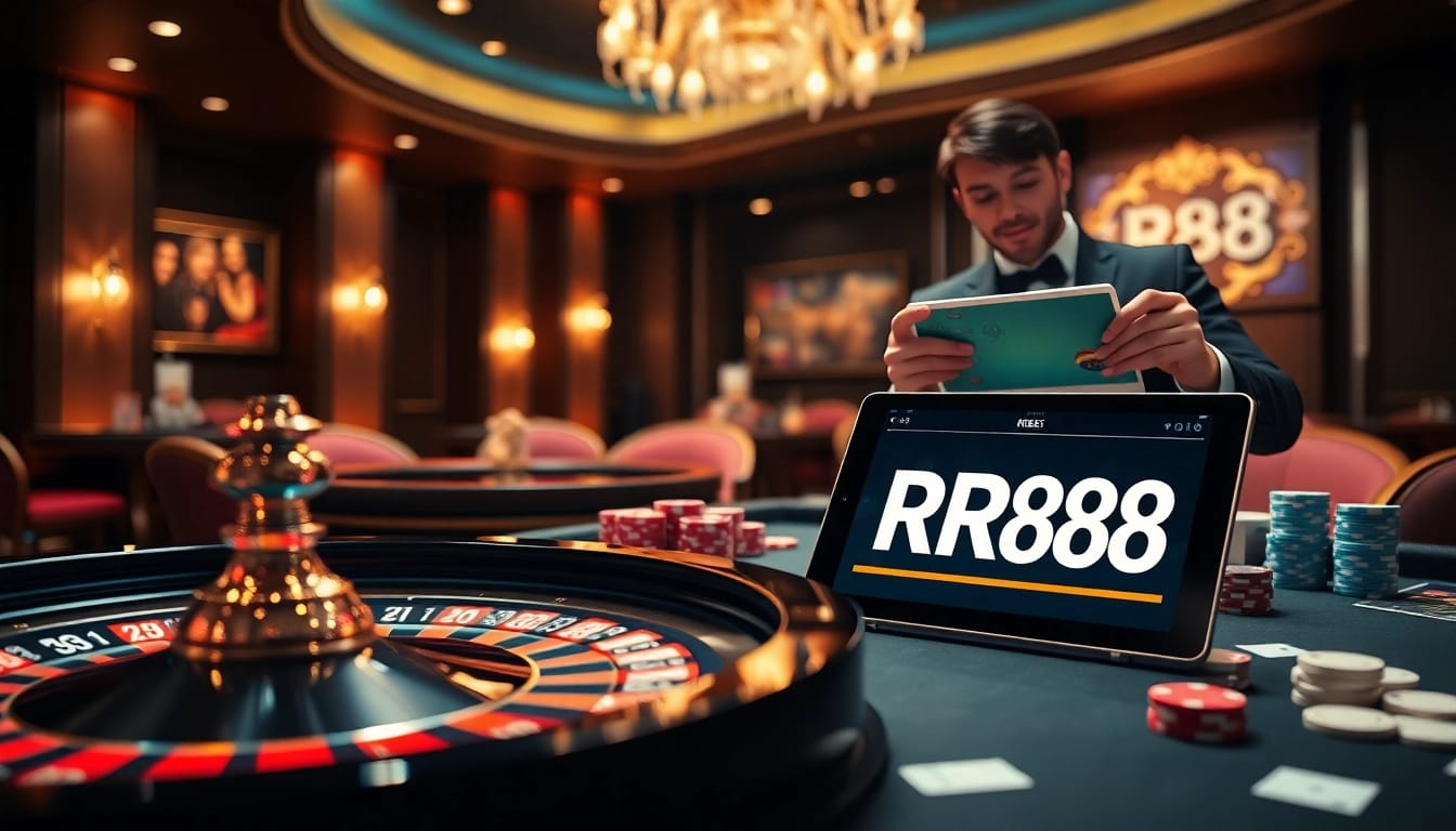 Experience the excitement of RR88 with a modern casino setup featuring poker chips and vibrant roulette.