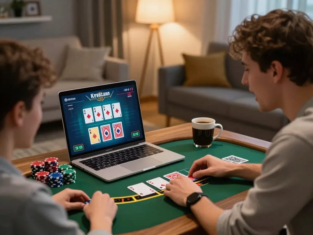 Engaged player using 388bet for online blackjack, chips stacked and cards visible on screen, cozy home setting.