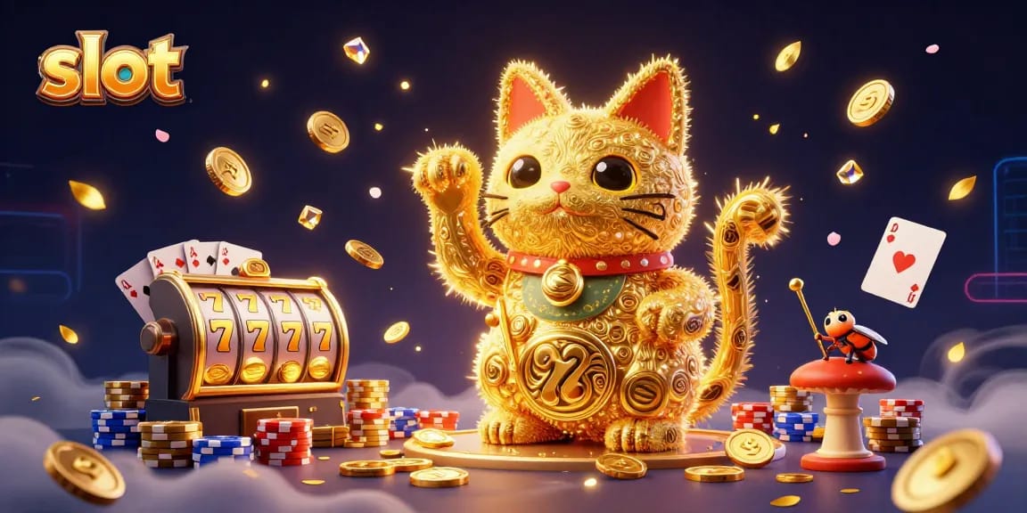 Slot mempersembahkan kucing keberuntungan raksasa di tengah hiasan kasino yang memukau.