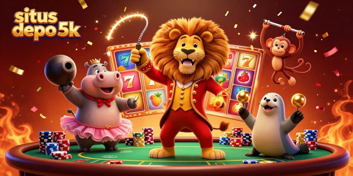 Experience the excitement at situs depo 5k with vibrant slot reels and characters engaging in a casino scene.