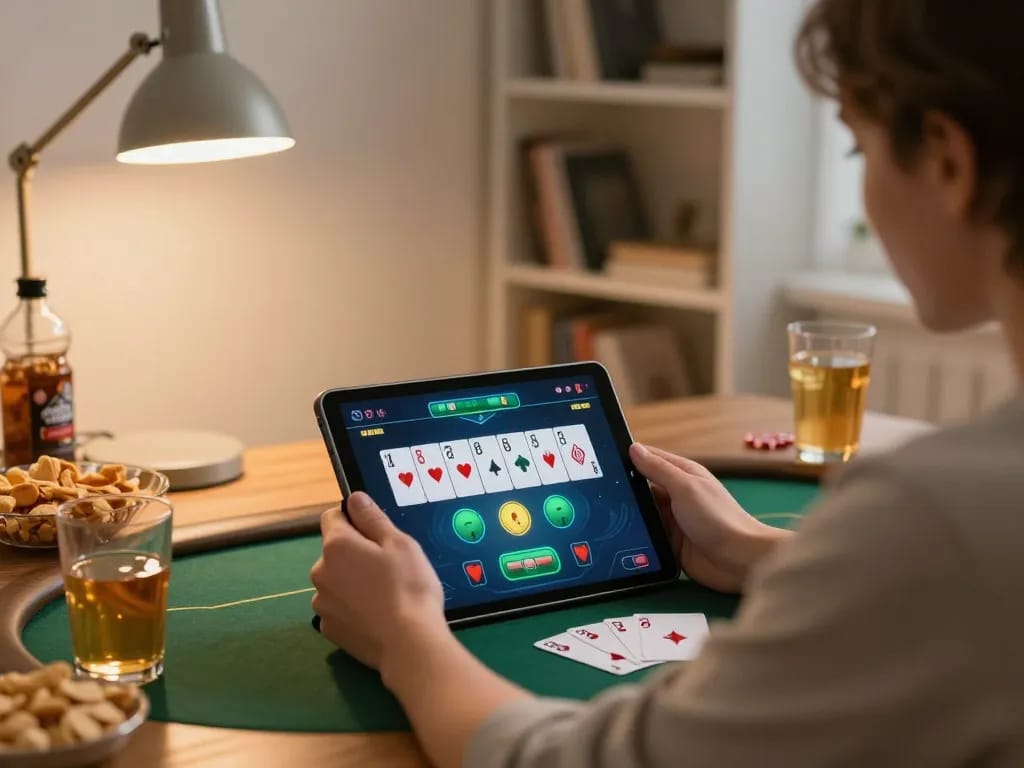 Play poker on fly 88 with a cozy home setup, enjoying snacks and strategy notes