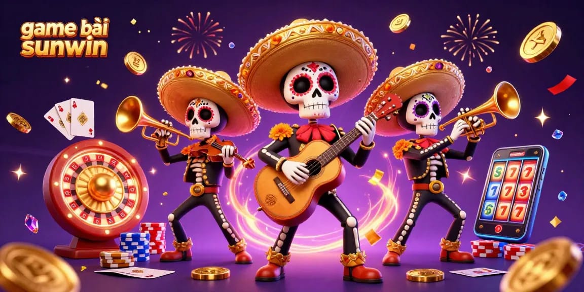Engage in thrilling game bài sunwin with colorful 3D art featuring mariachi characters and casino elements.