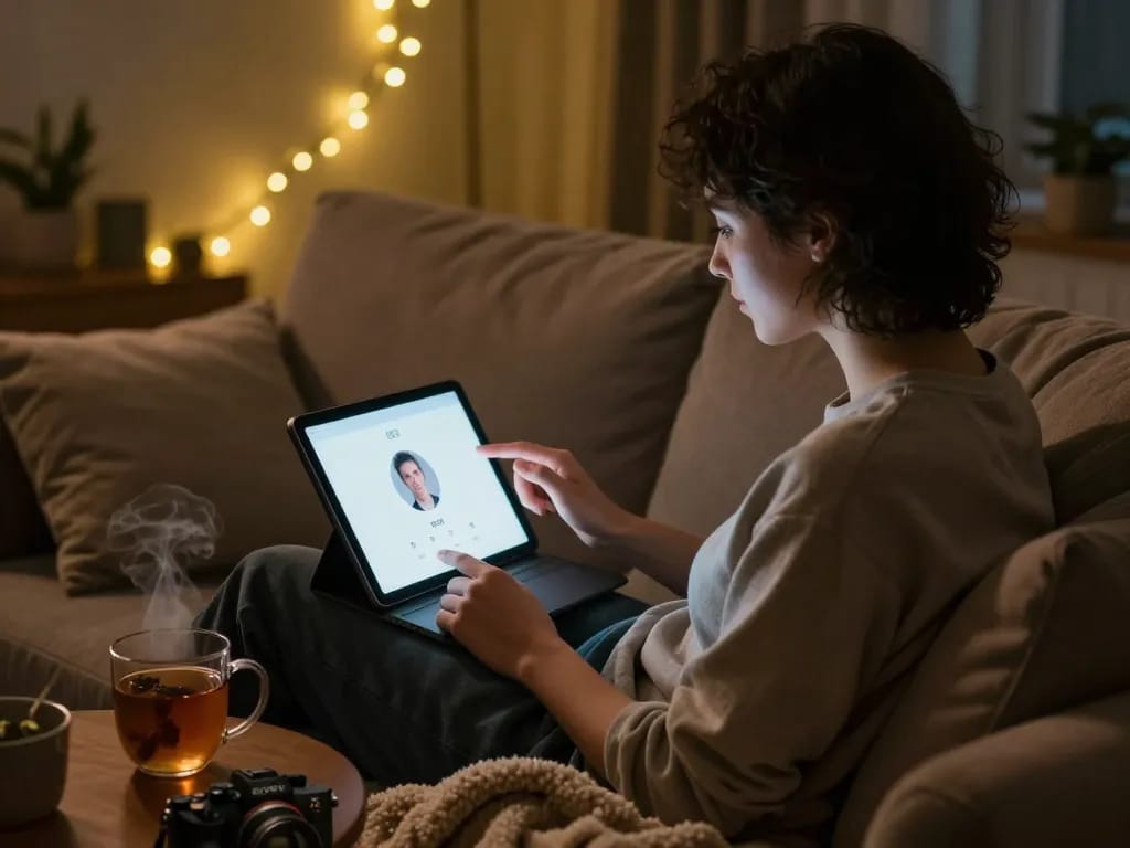 Engaging in a porn AI chat on tablet in cozy, inviting atmosphere with warm lighting.
