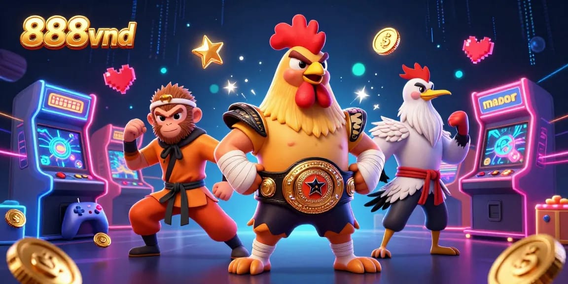 Engage with the vibrant world of 888vnd, featuring a Muay Thai rooster, monkey martial artist, and crane master among casino elements.