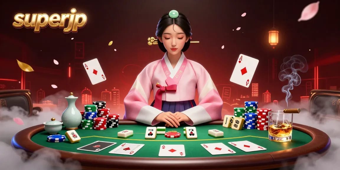 Check out superjp's exciting online poker world with vibrant game elements surrounding a serene Asian woman.