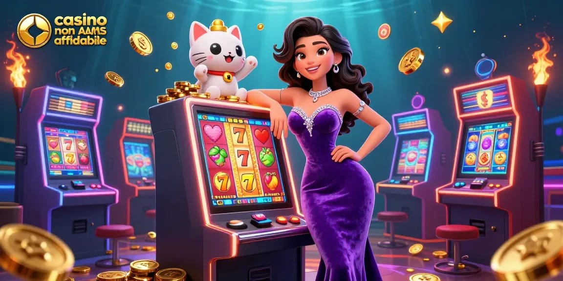 Vivi l'emozione dei casino non AAMS affidabile con una scena glamour che mette in mostra slot jackpot e vincite.