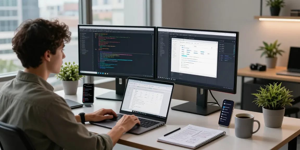 Download WPS Office in a vibrant tech workspace with code displays and modern devices