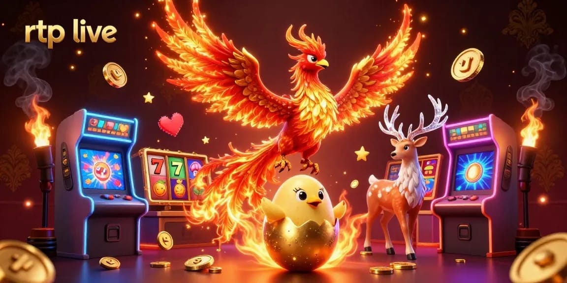 Experience rtp live gaming with a phoenix rising amidst vibrant slot symbols in this 3D illustration.