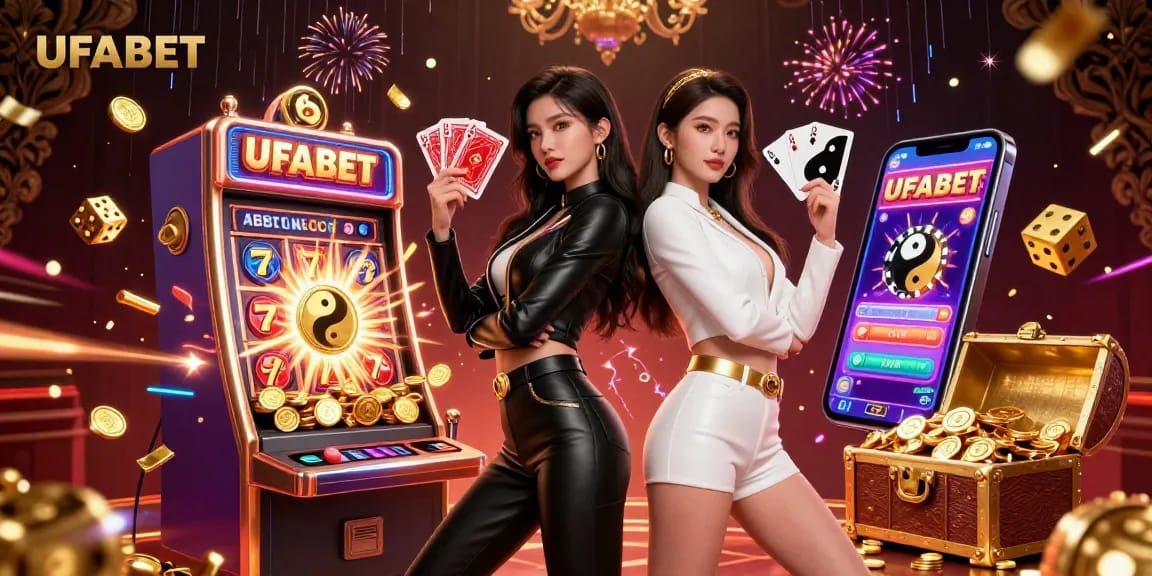 Experience thrilling gameplay at UFABET with stunning visuals of twin casino players celebrating around dynamic gaming elements.