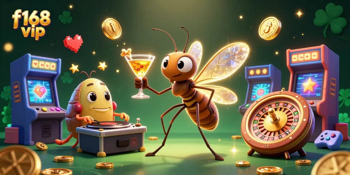 Join the excitement at f168 vip with a vibrant casino scene featuring a mascot and a dynamic DJ.
