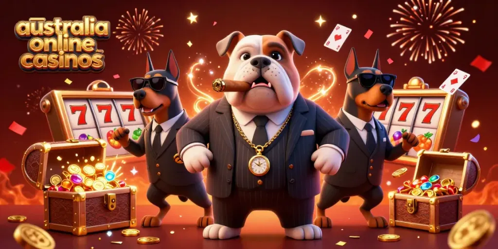 Engage with the vibrant scene of australia online casinos, featuring a mafia bulldog and casino elements.