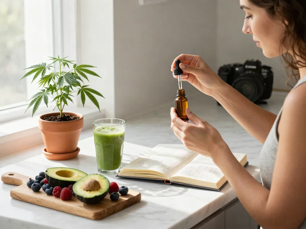 Leafy market wellness routine with CBD oil, hemp plant, and healthy breakfast items.