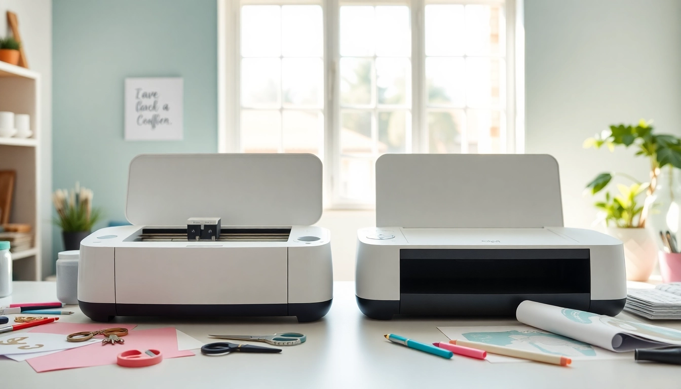 Silhouette vs Cricut machines comparison in a bright crafting studio with supplies.