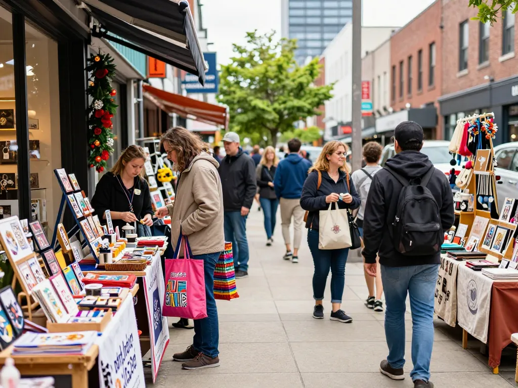Engaging local shopping scene showcasing community commerce at https://forumup.org/shop/search.php?ca_id=&addr1=&addr2=&addr3=&schKeyword= with customers browsing unique local products.