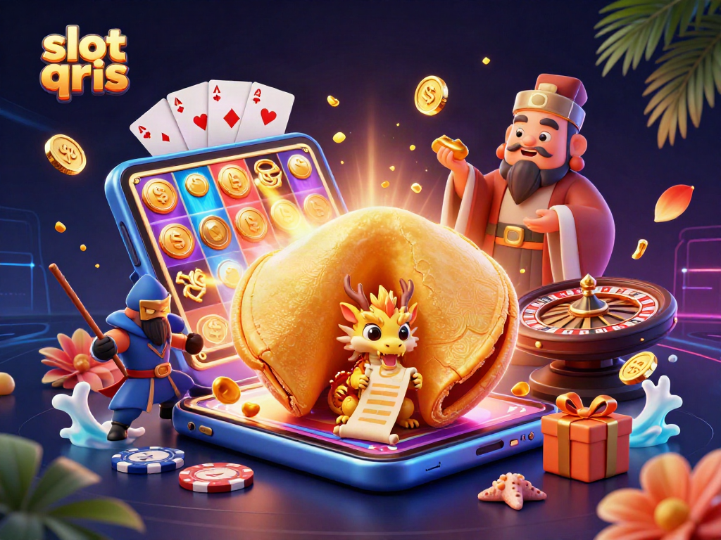 Spin the reels in the vibrant slot qris scene with a golden fortune cookie and dragon guardian.