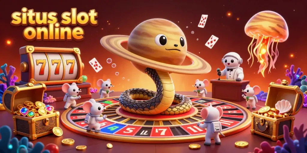 Pemain memasang taruhan di situs slot online dengan elemen berwarna cerah dan karakter lucu dalam suasana kasino ceria.